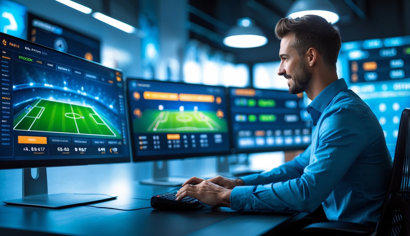 Seorang pria di ruang kerja modern menggunakan komputer dengan layar menampilkan statistik dan skor pertandingan sepak bola.