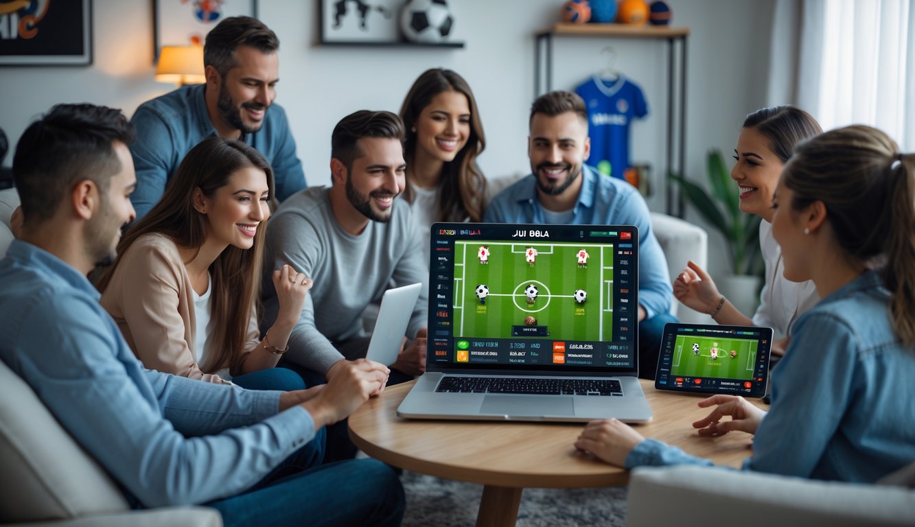 Sekelompok orang sedang menggunakan laptop dan perangkat digital untuk taruhan sepak bola online di ruang tamu yang nyaman.