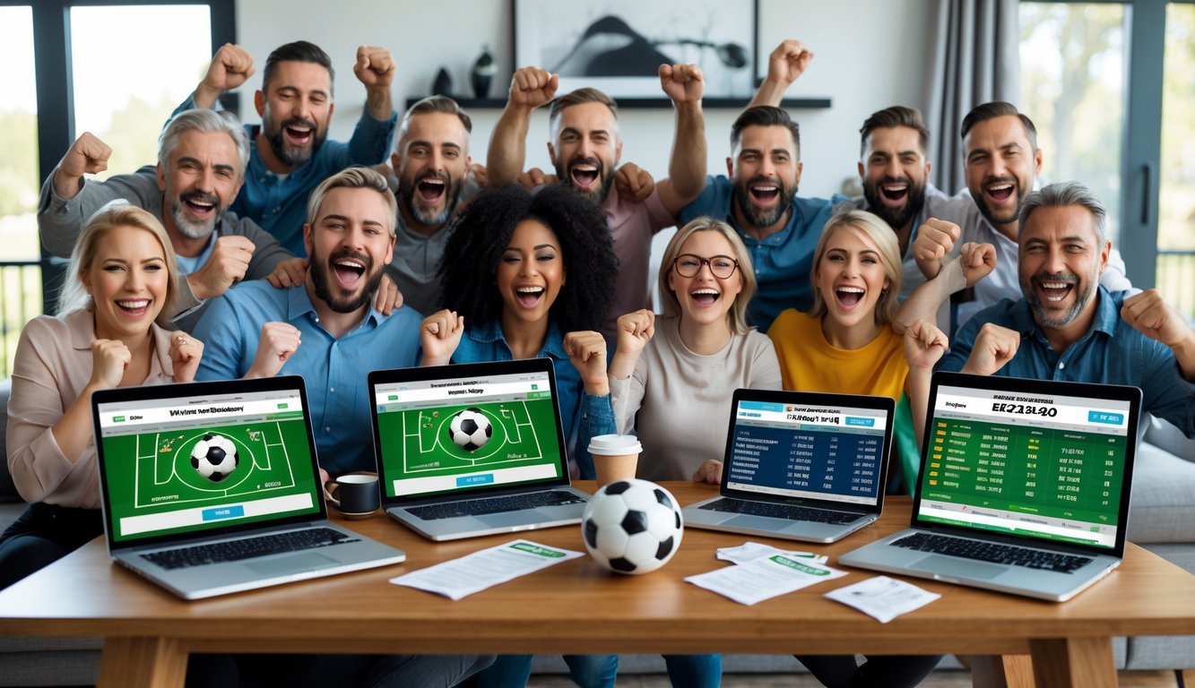 Sekelompok orang merayakan kemenangan judi bola parlay di ruang tamu dengan perangkat elektronik dan bola sepak di meja.