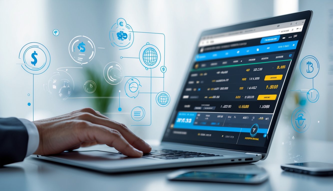 Seseorang menggunakan smartphone dengan tampilan aplikasi taruhan bola dan ikon pembayaran digital di meja.