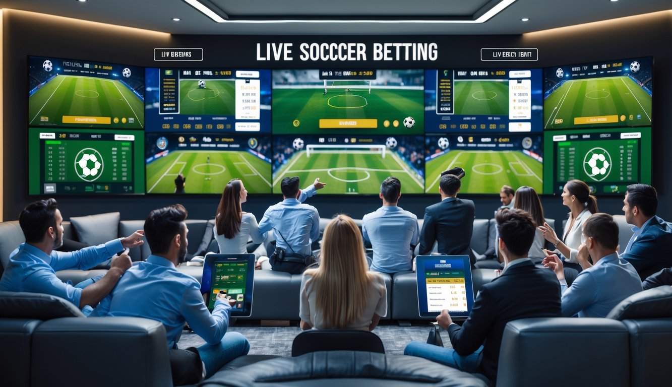 Orang-orang sedang menonton pertandingan sepak bola langsung dan memasang taruhan di ruang taruhan modern dengan layar besar dan perangkat digital.