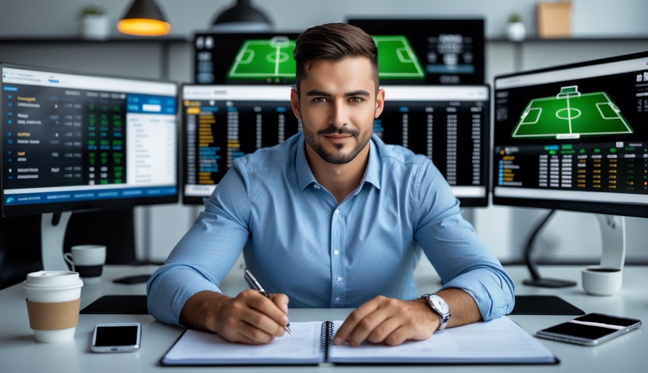 Seorang pria duduk di meja dengan beberapa layar komputer yang menampilkan statistik dan peluang pertandingan sepak bola, sedang menganalisis data dengan serius.