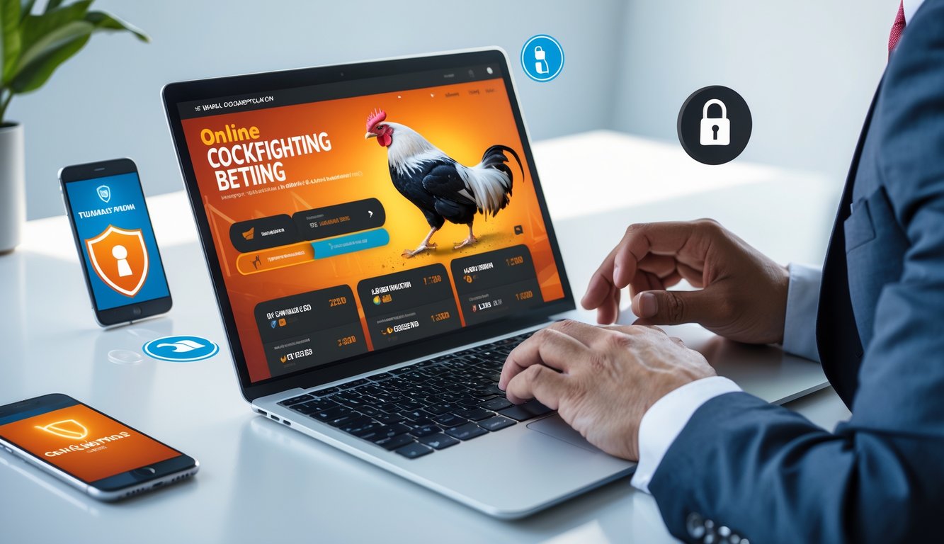 Seseorang menggunakan laptop dengan tampilan platform taruhan sabung ayam online yang terpercaya di meja kerja minimalis.