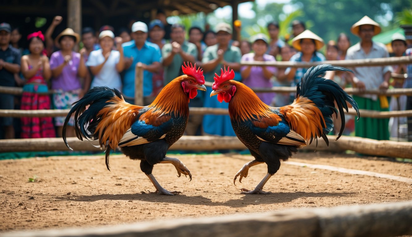Dua ayam jago sedang bertarung di arena sabung ayam dengan penonton di latar belakang yang menyaksikan dengan antusias.