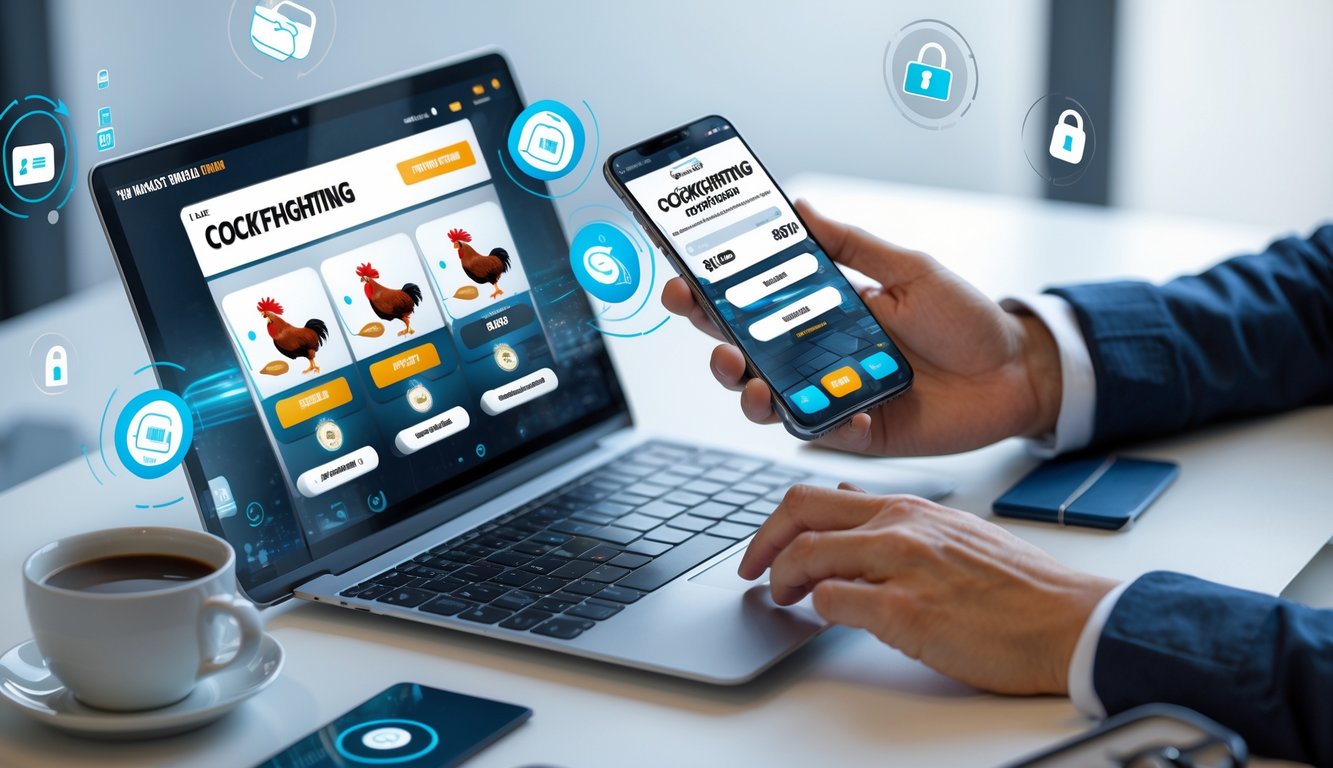 Seseorang menggunakan ponsel dan laptop di meja kerja untuk melakukan transaksi deposit pulsa pada aplikasi taruhan sabung ayam online.