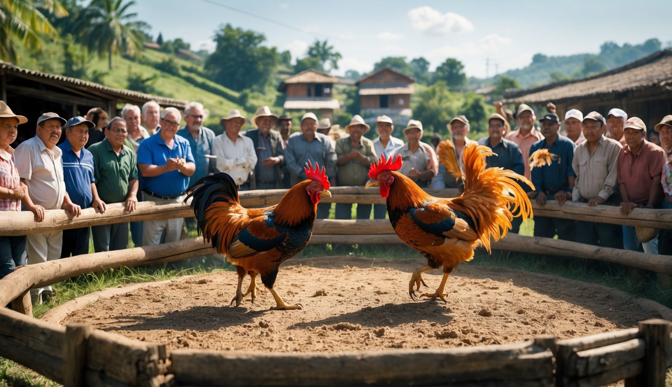 Dua ayam aduan sedang bertarung di arena kayu dengan penonton yang memperhatikan di latar belakang di sebuah lingkungan pedesaan.