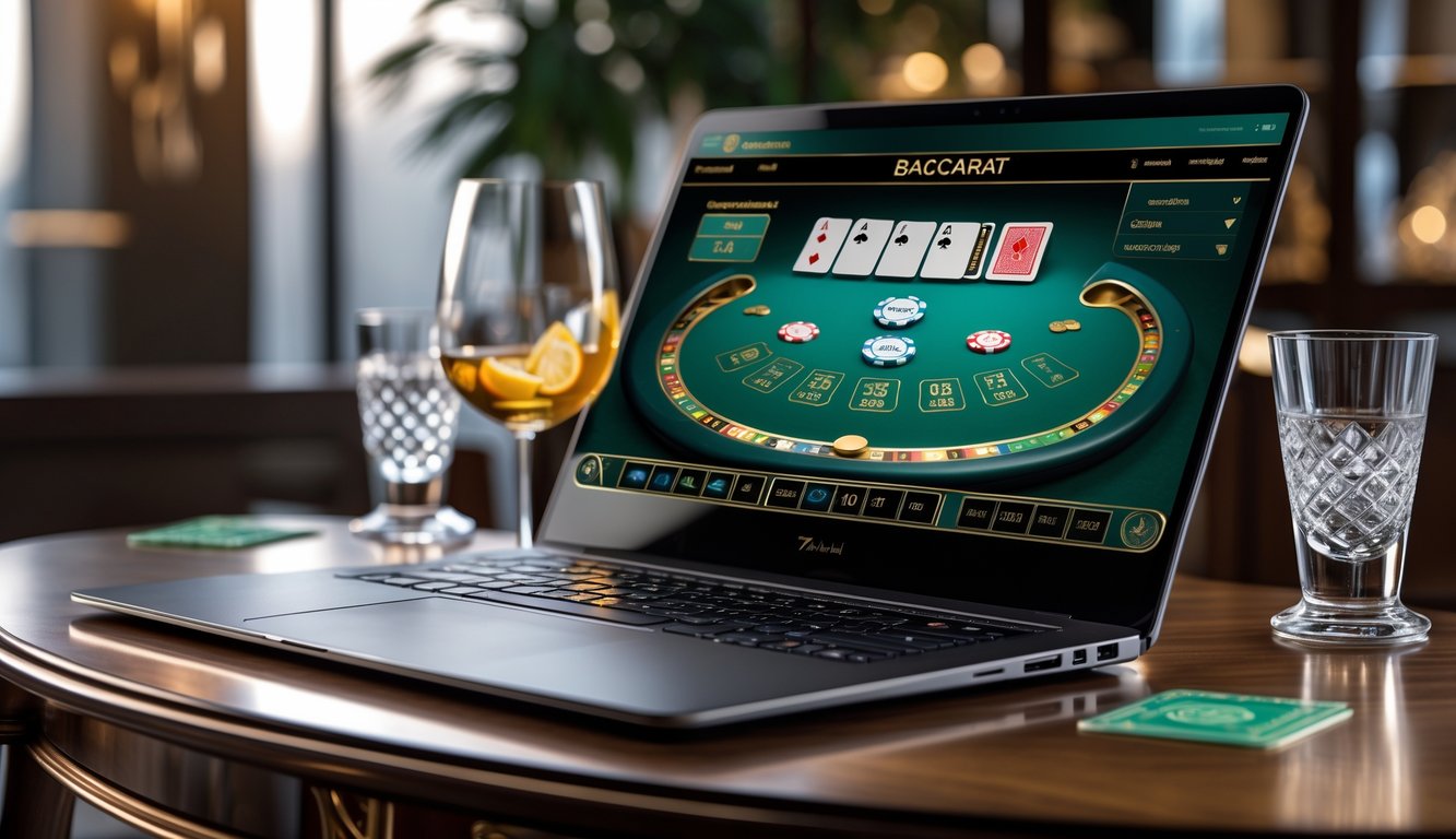 Sebuah meja dengan komputer menampilkan permainan baccarat online dengan kartu dan chip, suasana mewah dan nyaman.
