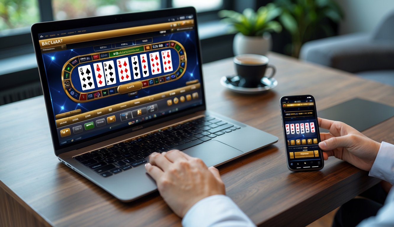 Seseorang bermain permainan baccarat online menggunakan laptop dan ponsel di meja kerja dengan suasana nyaman.
