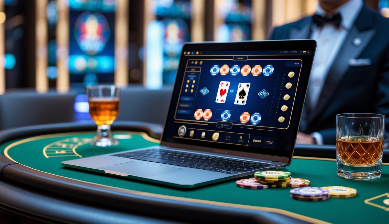 Sebuah laptop menampilkan permainan baccarat online dengan kartu dan chip di atas meja hijau, dikelilingi oleh suasana kasino yang mewah dan pencahayaan lembut.