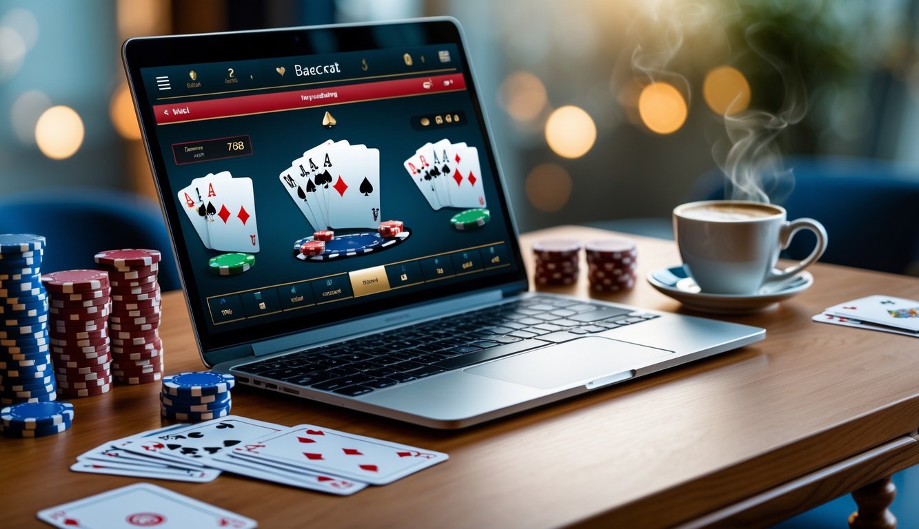 Meja kerja dengan komputer yang menampilkan permainan baccarat online, kartu dan chip poker tertata rapi, serta secangkir kopi.