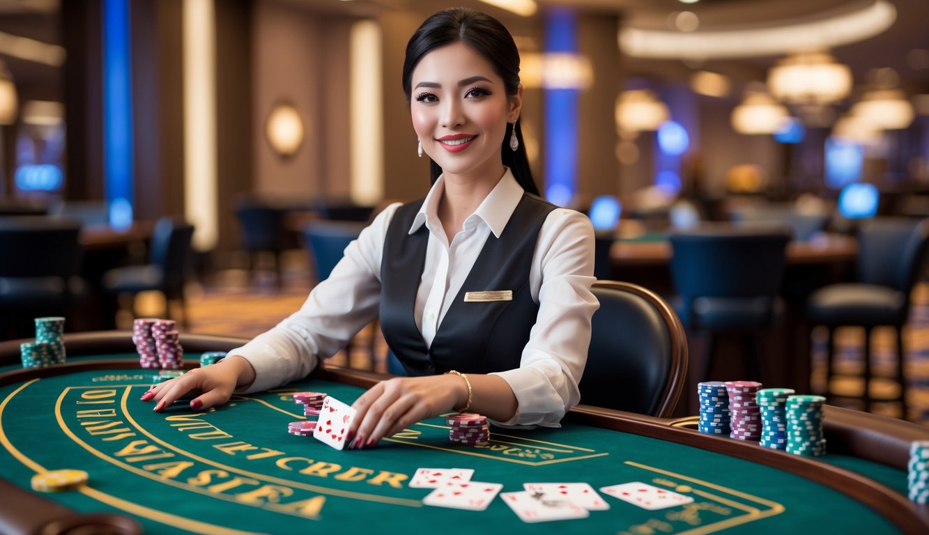 Seorang dealer baccarat wanita duduk di meja baccarat dengan kartu dan chip, tersenyum ramah di dalam kasino.