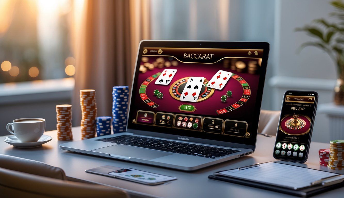 Sebuah laptop menampilkan permainan baccarat online dengan kartu dan chip di meja, di sekitar terdapat elemen kasino seperti kartu dan chip poker, di atas meja kerja yang rapi.