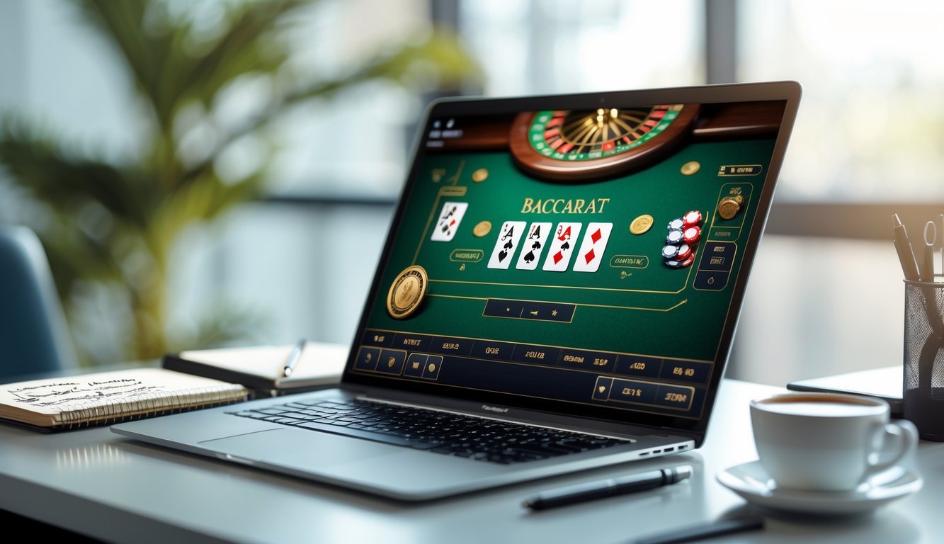 Seorang pemain sedang bermain baccarat online di depan komputer dengan meja kerja yang rapi dan alat tulis di sampingnya.