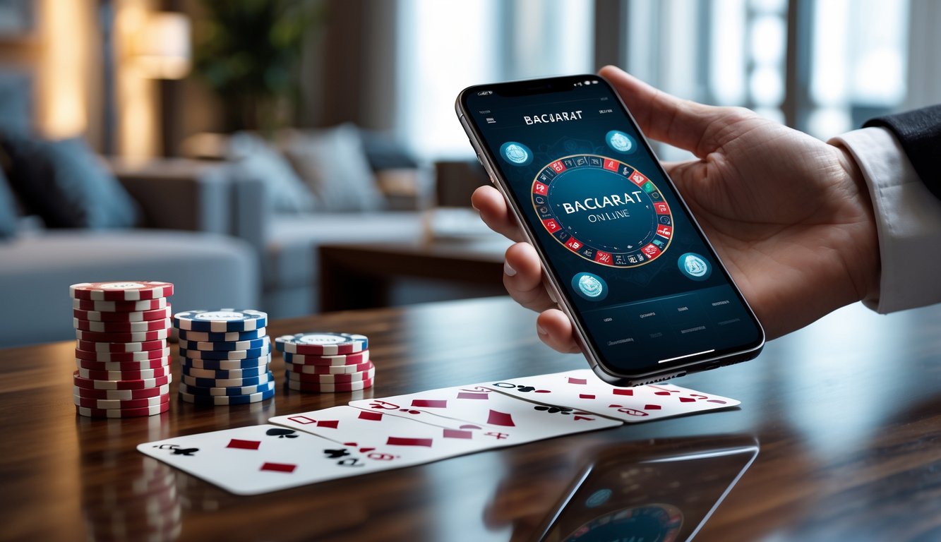 Seseorang memegang ponsel yang menampilkan aplikasi baccarat online dengan chip dan kartu baccarat di atas meja kayu.