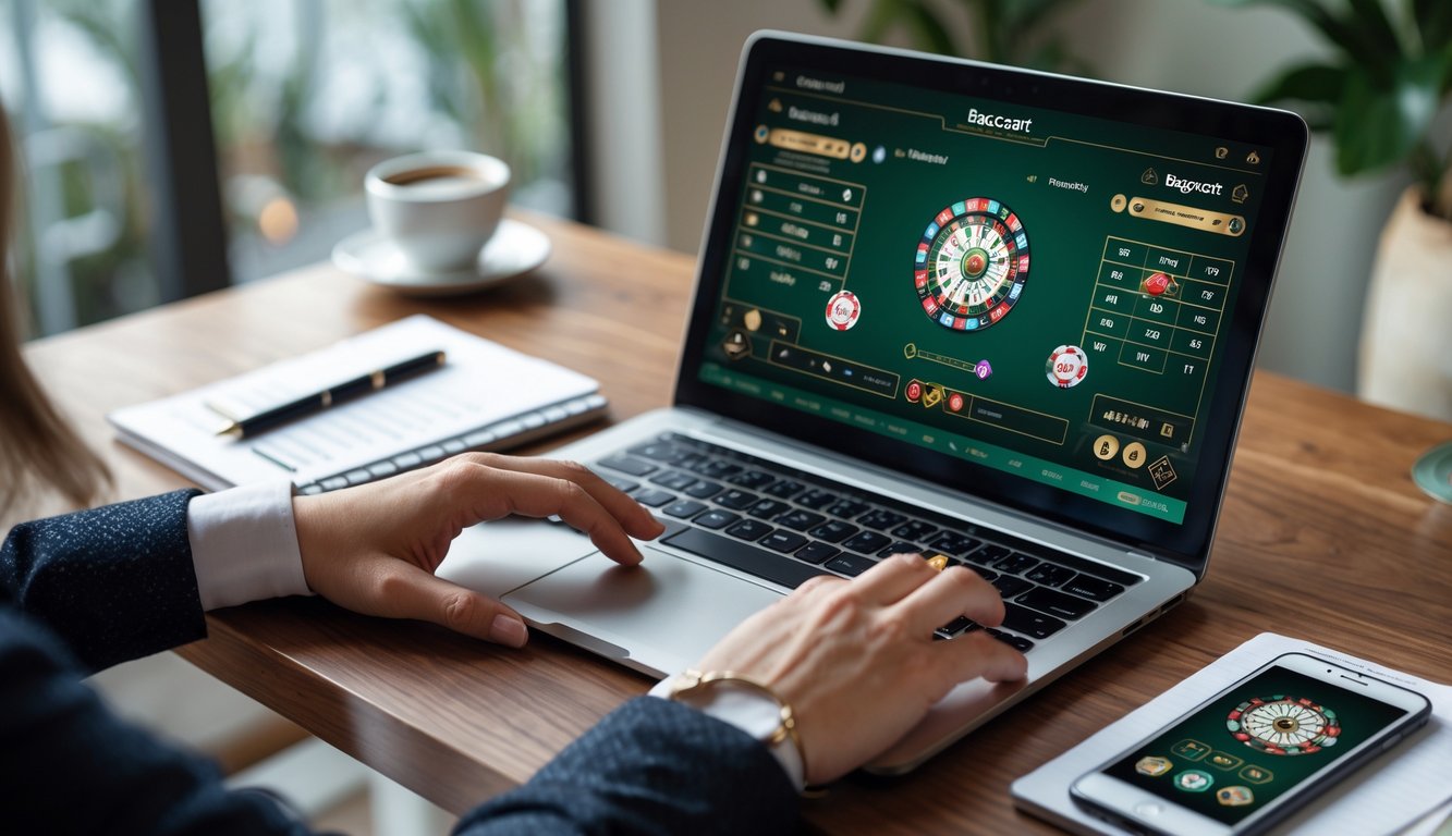 Seseorang sedang belajar bermain baccarat online di laptop di meja kerja dengan catatan dan ponsel di sampingnya.