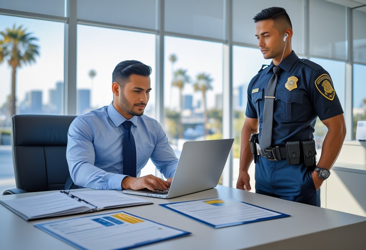 A recruiter reviewing documents at a desk with a uniformed security guard standing nearby in a bright office with a city view.