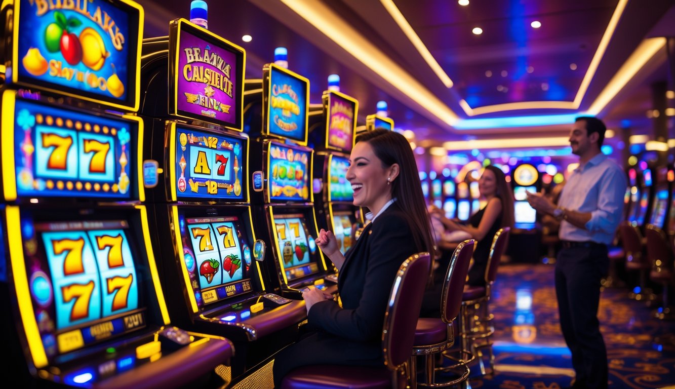 Area mesin slot di kasino dengan beberapa orang bermain dan mesin slot yang menyala warna-warni.