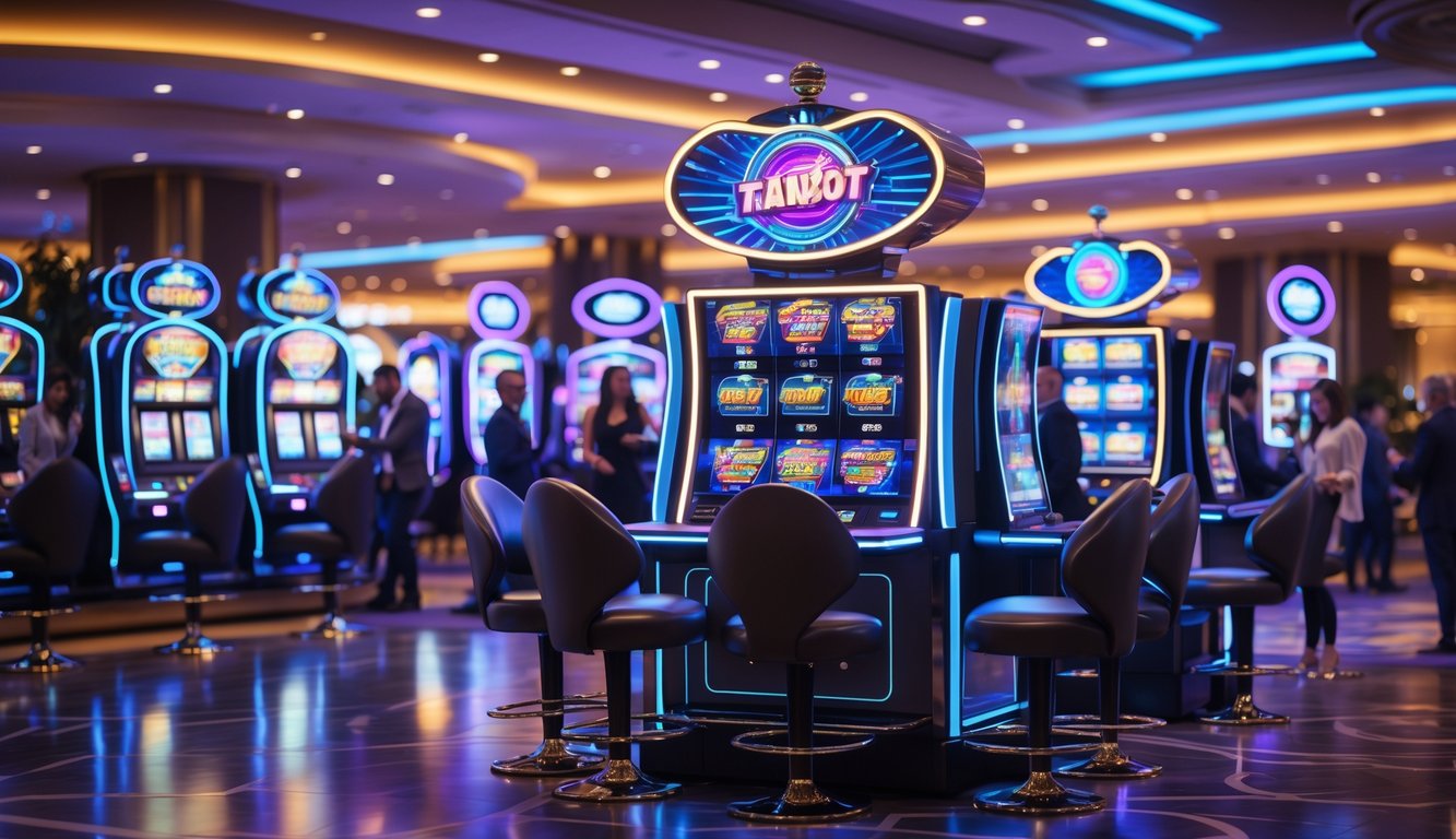 Suasana kasino modern dengan mesin slot terbaru yang menyala dan orang-orang menikmati permainan.