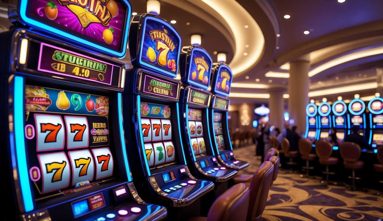 Suasana kasino modern dengan deretan mesin slot berwarna-warni dan beberapa pemain yang sedang bermain.