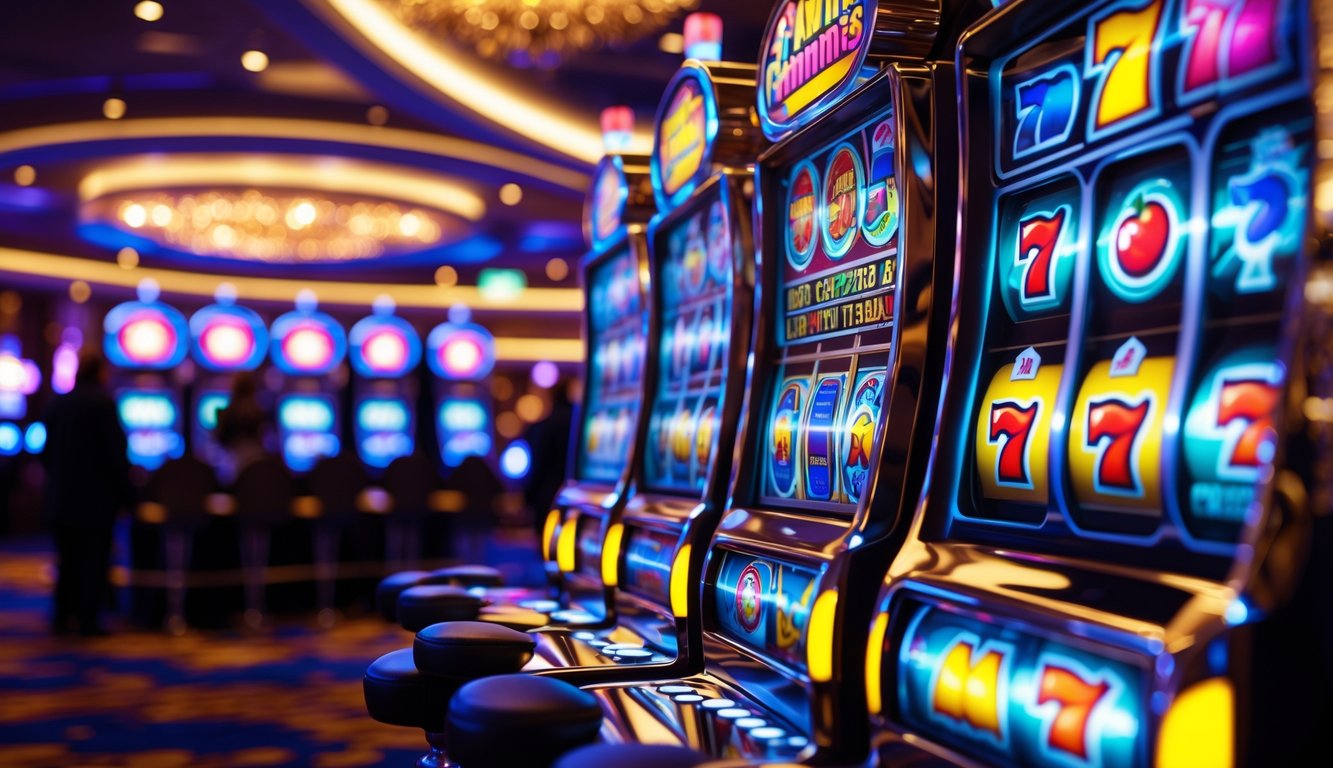 Mesin slot modern yang menyala dengan latar belakang kasino yang ramai dan penuh cahaya.