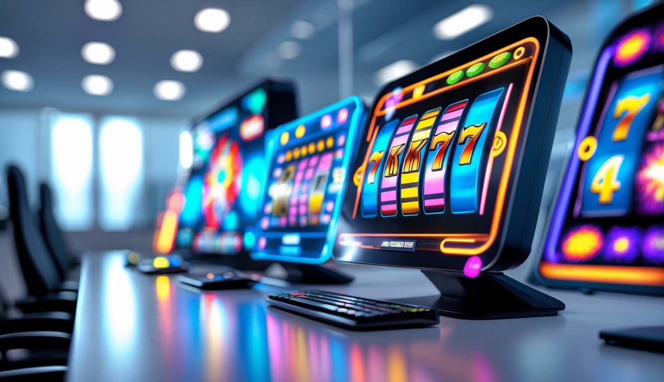 Sebuah meja komputer modern dengan layar menampilkan grafik mesin slot berwarna-warni di ruang kantor yang terang.