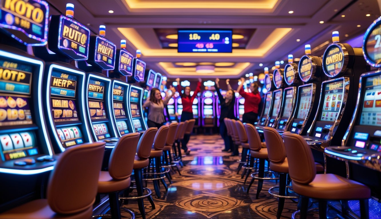 Suasana kasino dengan deretan mesin slot modern yang menyala dan pemain yang sedang merayakan kemenangan kecil.