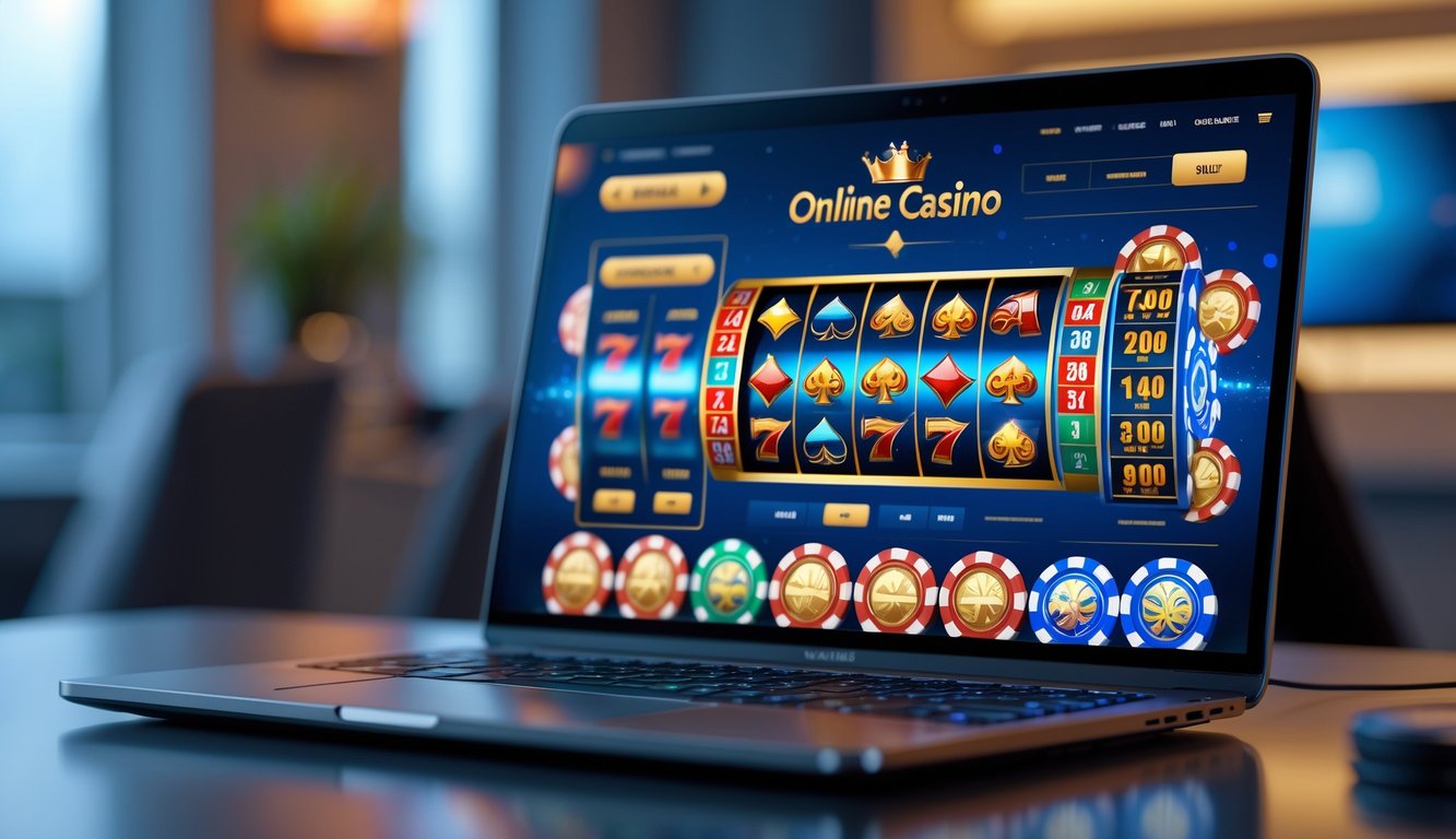 Seorang pengguna sedang menggunakan laptop dengan tampilan permainan kasino online yang berwarna-warni di lingkungan kerja yang rapi dan terang.