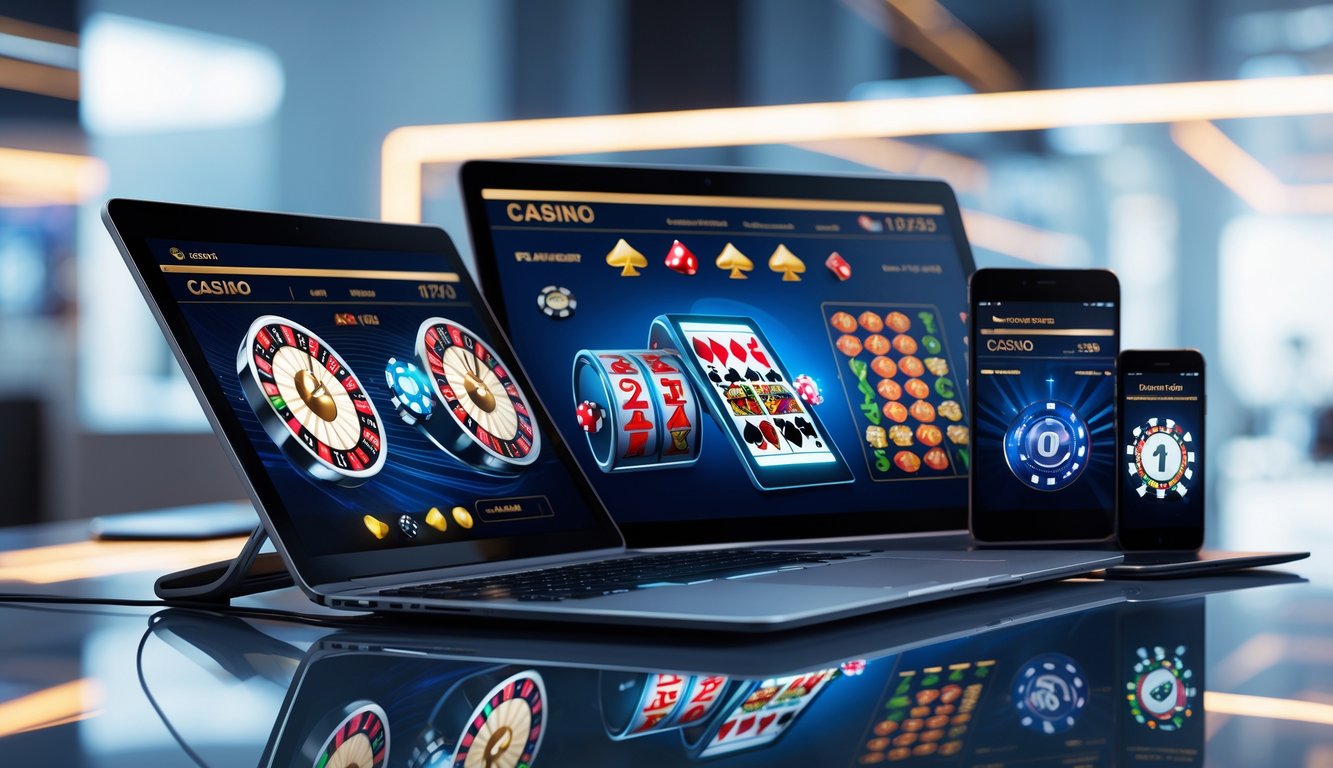 Beberapa perangkat digital menampilkan permainan kasino online dengan grafik warna-warni di atas meja kerja modern.