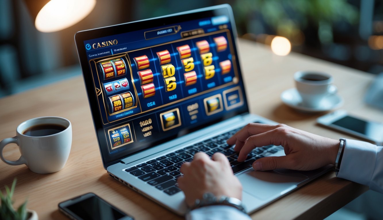 Seseorang bermain kasino online uang asli di laptop di atas meja kerja yang rapi.