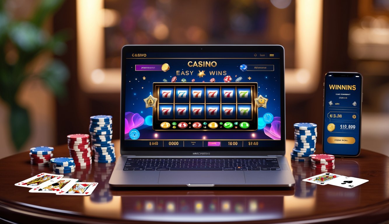 Seorang pengguna duduk di depan laptop dengan layar menampilkan permainan kasino online, dikelilingi oleh chip poker dan kartu remi.