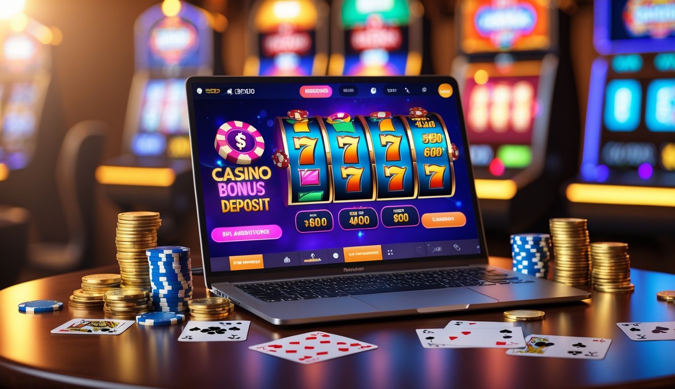 Seorang laptop dengan tampilan permainan kasino online di atas meja kayu dengan chip poker, kartu remi, dan koin emas di sekitarnya.