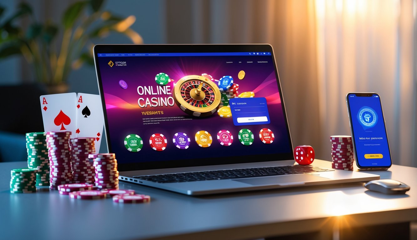 Sebuah laptop modern di atas meja dengan tampilan situs kasino online yang cerah dan berbagai elemen perjudian seperti chip poker, kartu, dan dadu di sekitarnya.