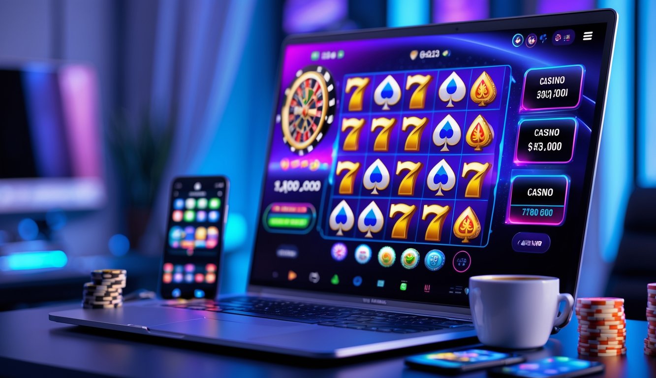Sebuah komputer modern menampilkan permainan kasino online dengan latar ruang kerja bergaya kontemporer dan pencahayaan ambient.