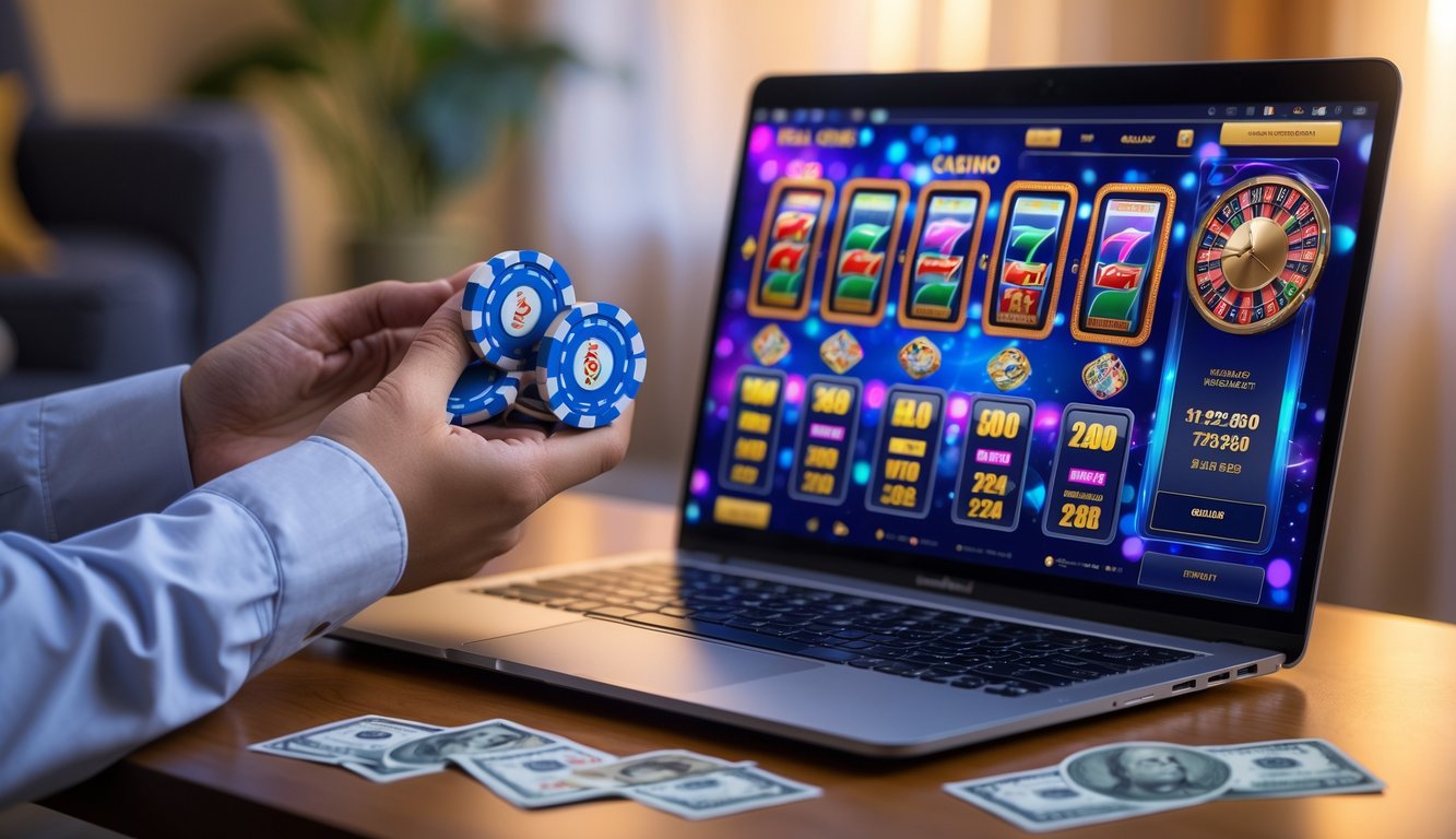 Seseorang bermain judi kasino online dengan laptop, chip kasino, dan uang rupiah di atas meja.
