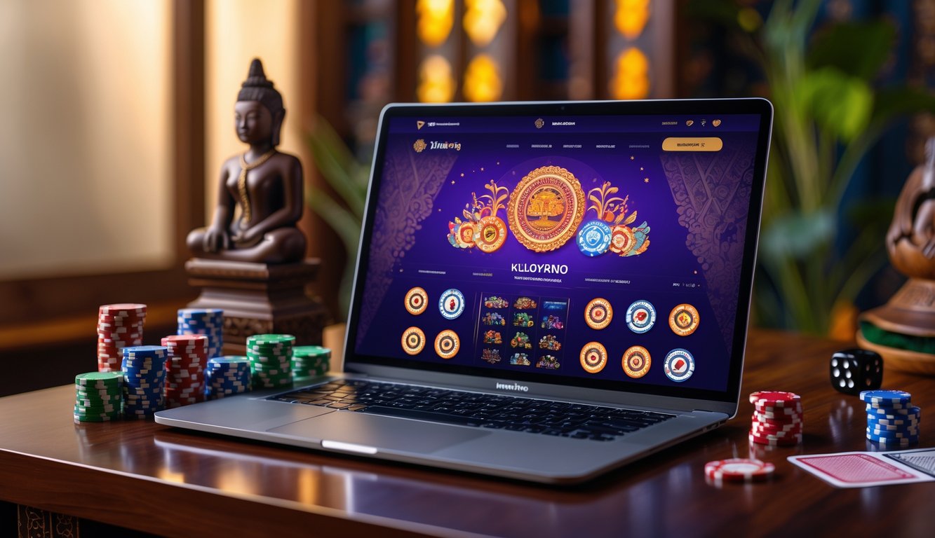 Sebuah laptop dengan tampilan kasino online dikelilingi chip poker dan kartu, di atas meja kayu dengan elemen budaya Indonesia di latar belakang.