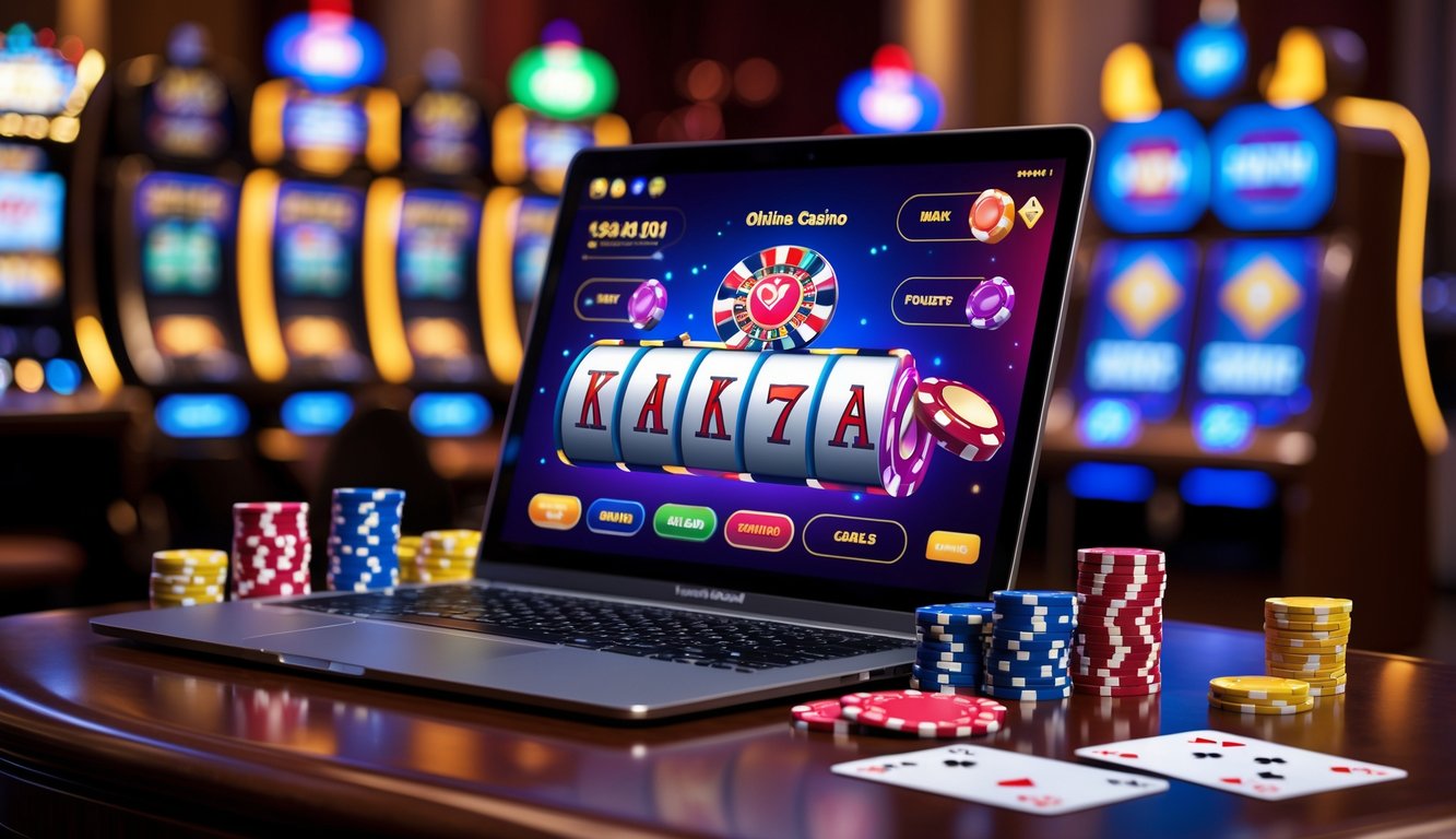Sebuah laptop menampilkan permainan kasino online dengan chip poker, kartu, dan dadu di atas meja kayu.