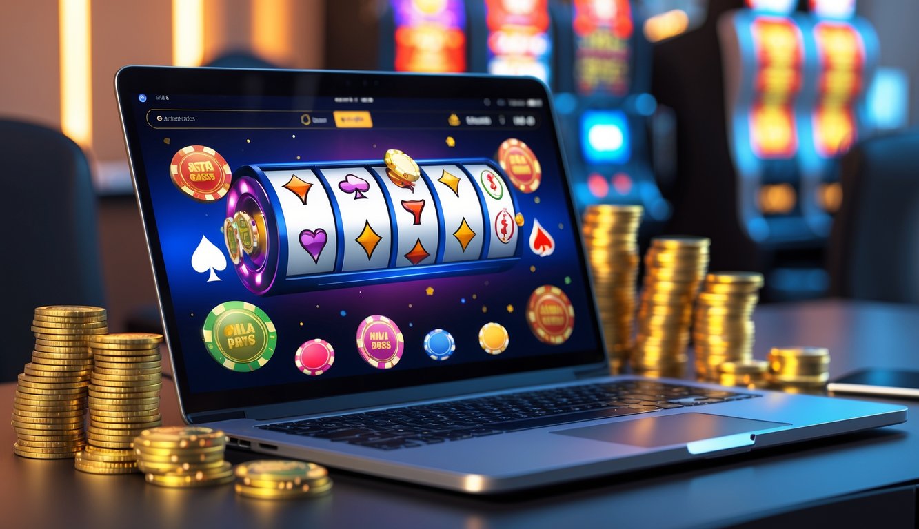 Seorang pengguna sedang melihat layar laptop dengan tampilan permainan kasino online dan chip poker di meja.