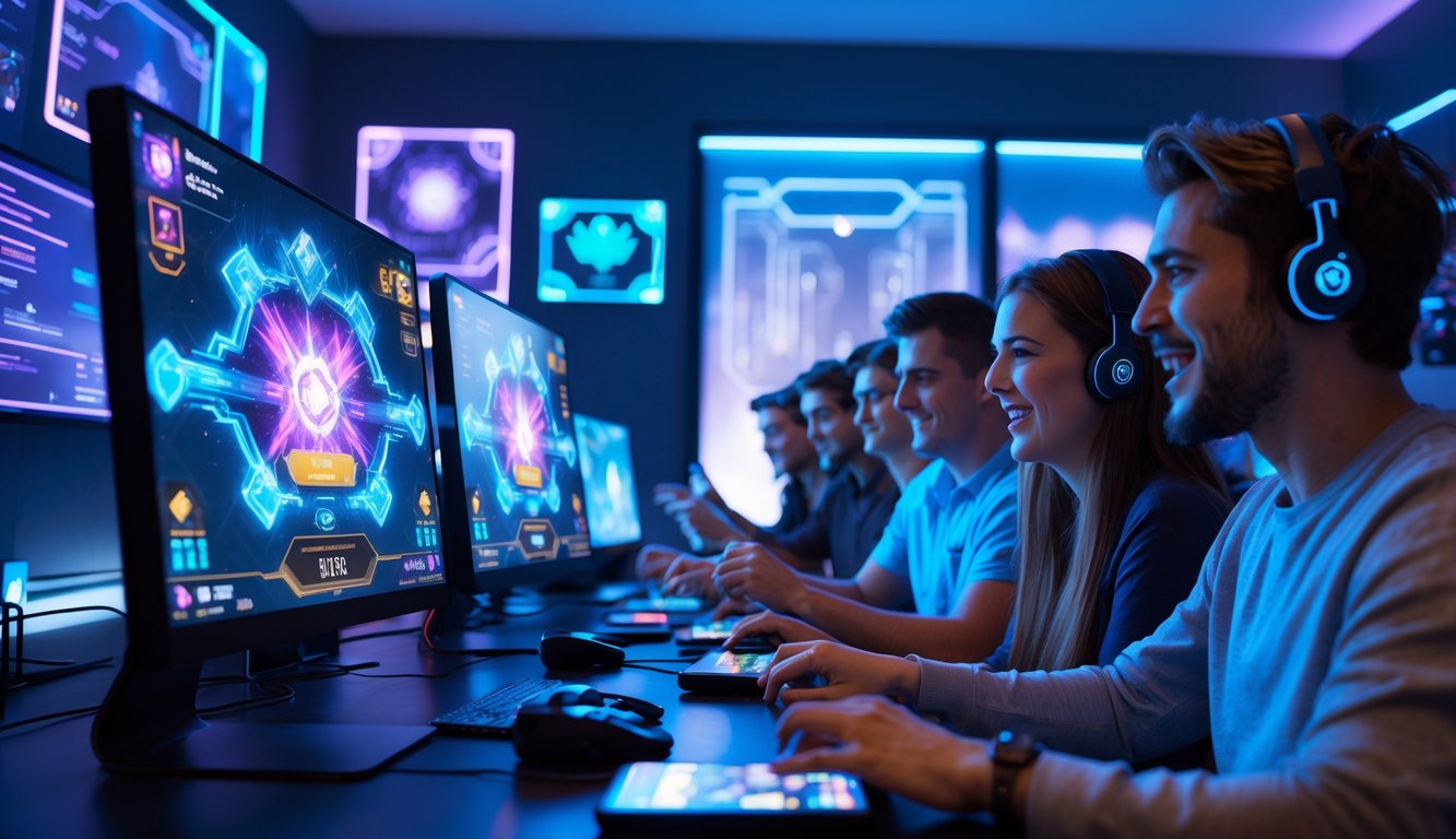 Orang-orang muda bermain permainan kartu online di ruang kerja modern dengan layar komputer dan pencahayaan futuristik.