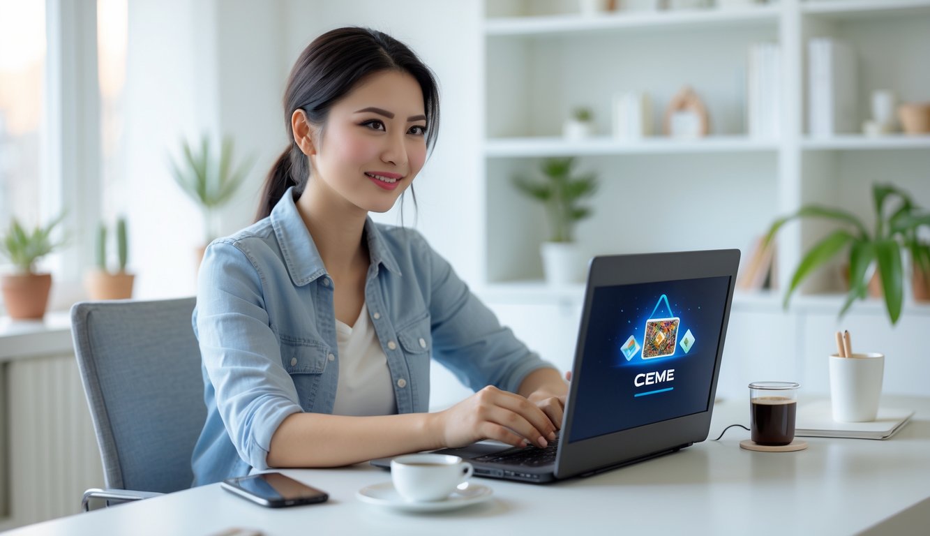 Seorang wanita muda duduk di meja kerja dengan laptop dan ponsel, terlihat fokus dan tersenyum sambil bermain permainan kartu online di ruangan yang terang dan rapi.