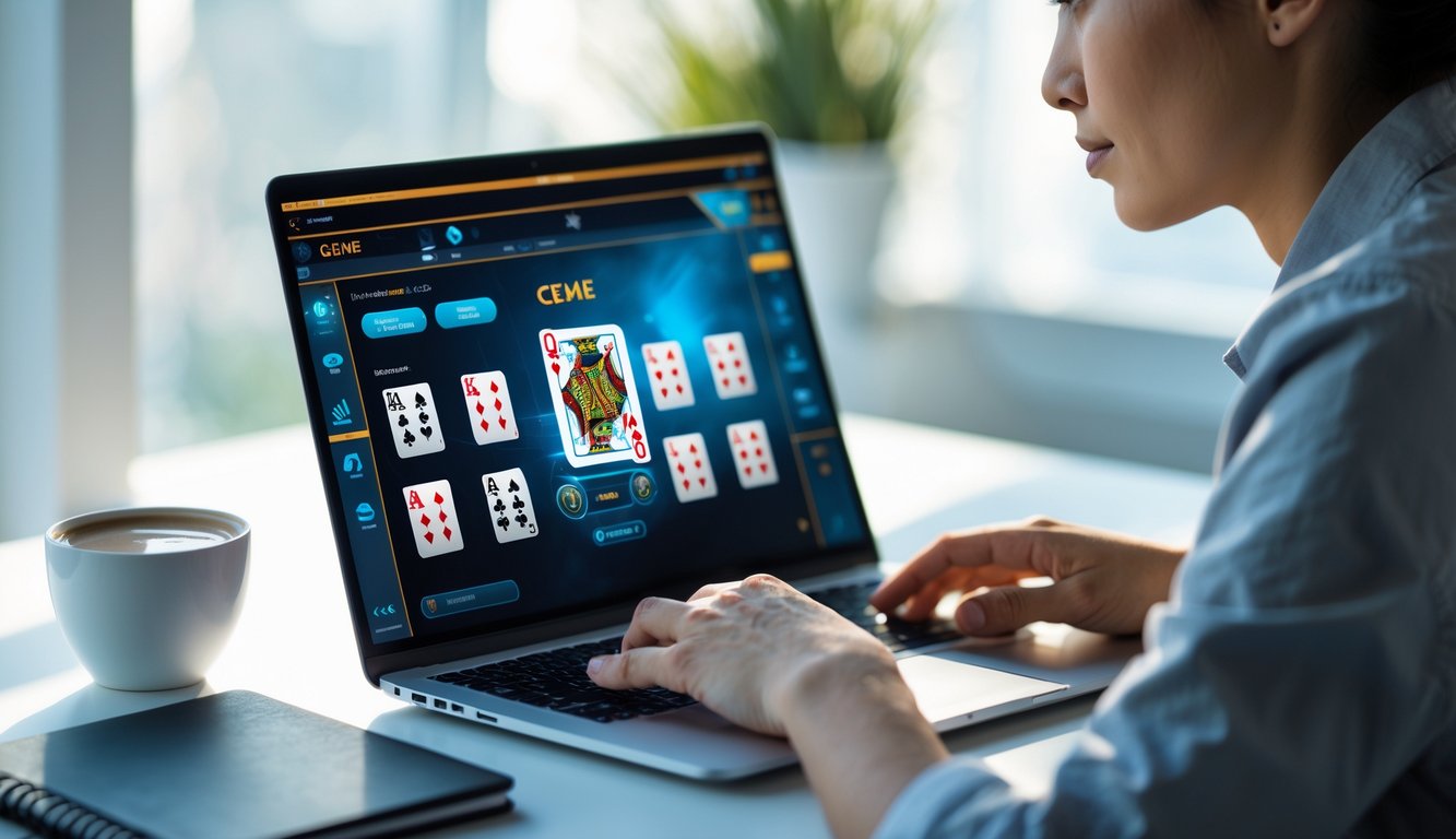 Seseorang sedang bermain permainan kartu online di laptop dengan ekspresi fokus di meja kerja yang rapi.