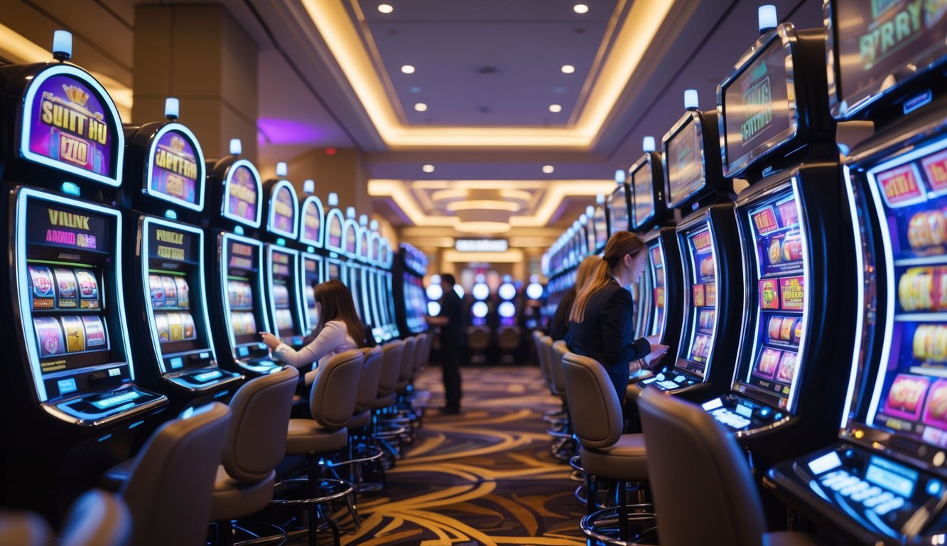 Beberapa mesin slot modern di dalam kasino dengan pencahayaan terang dan suasana ramai.