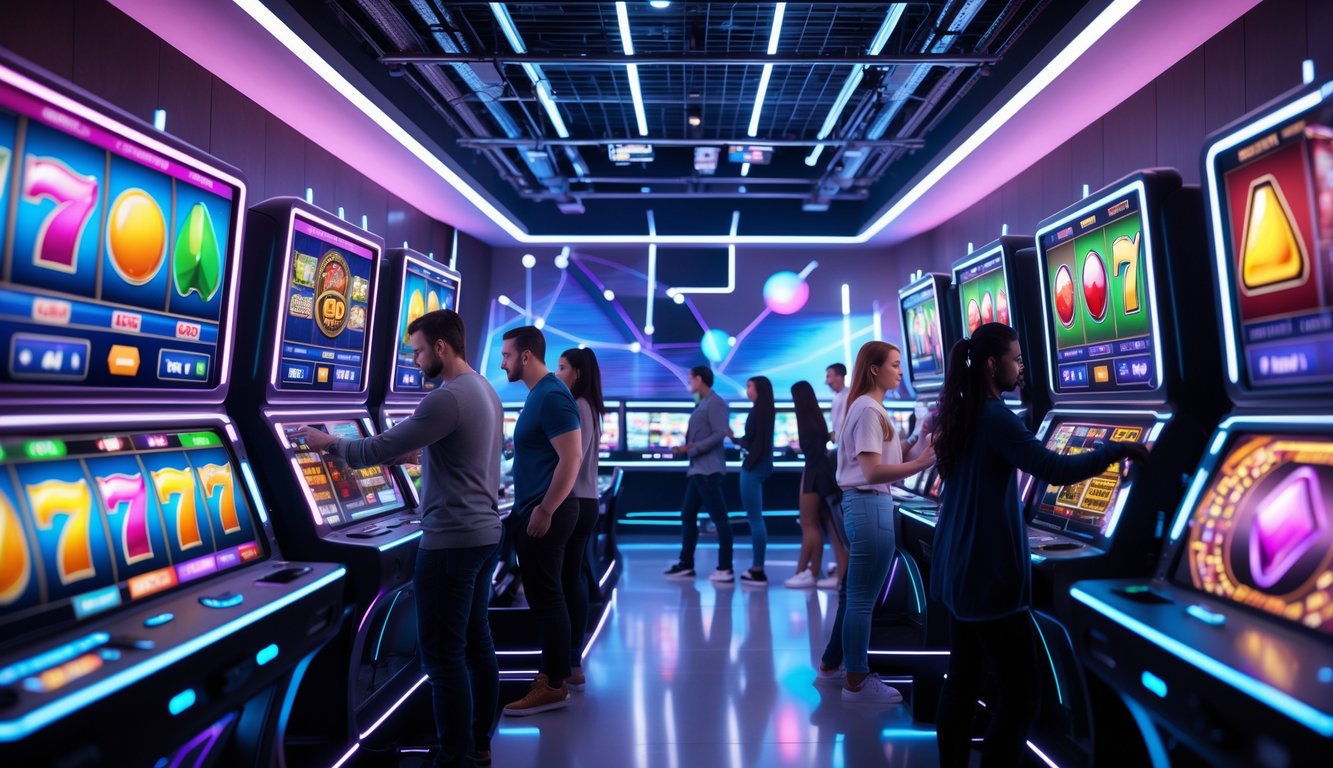 Suasana ruang permainan digital dengan beberapa orang menggunakan mesin slot online yang menampilkan layar berwarna-warni dan simbol permainan.