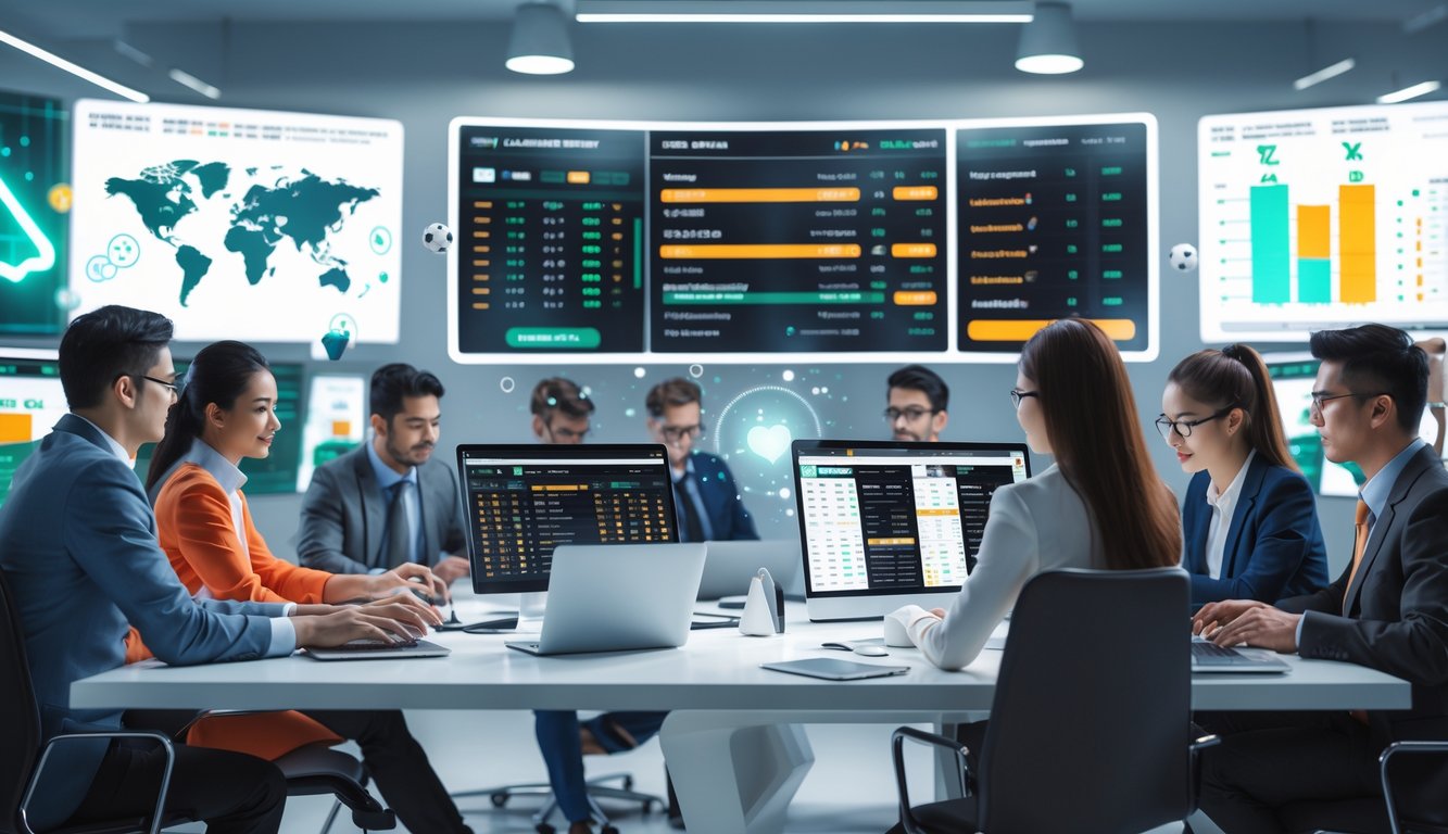 Beberapa orang muda sedang menggunakan laptop dan tablet di ruang kerja modern dengan layar yang menampilkan statistik pertandingan sepak bola dan peluang taruhan secara langsung.