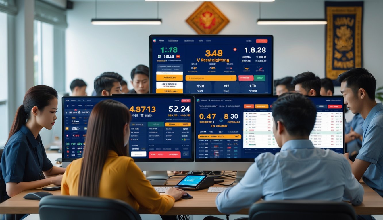 Beberapa orang muda sedang menggunakan komputer dengan tampilan taruhan olahraga sepak bola di sebuah ruang kerja modern.