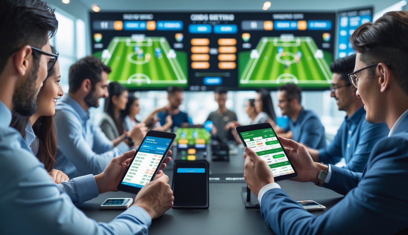 Orang-orang sedang memasang taruhan sepak bola menggunakan perangkat digital di sebuah tempat taruhan modern dengan layar besar menampilkan pertandingan sepak bola.