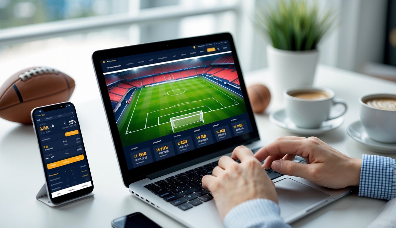 Seorang pengguna sedang mengoperasikan laptop dengan tampilan antarmuka taruhan bola di meja kerja yang rapi dengan bola sepak dan ponsel di sampingnya.