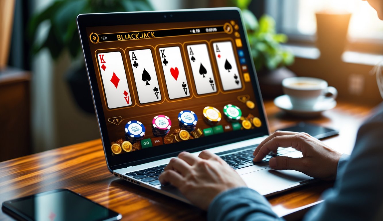 Seorang pemain menggunakan laptop dengan tampilan permainan blackjack online di meja kayu di ruang kerja yang nyaman.