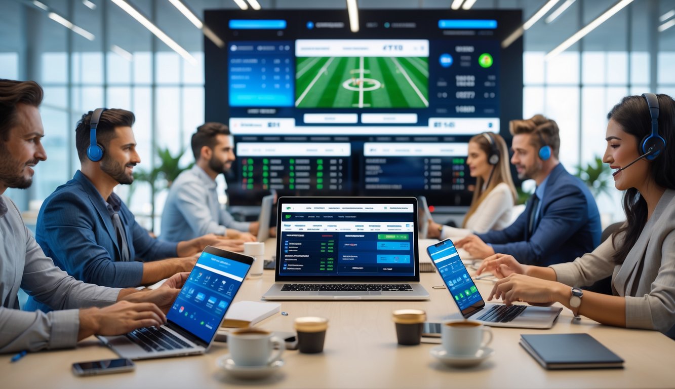 Orang-orang menggunakan perangkat digital untuk memasang taruhan olahraga di lingkungan kantor modern.