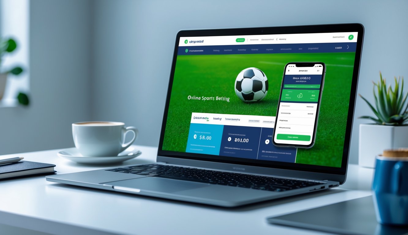 Seorang pria menggunakan laptop dan ponsel untuk melakukan transaksi deposit pada situs taruhan bola online di meja kerja.