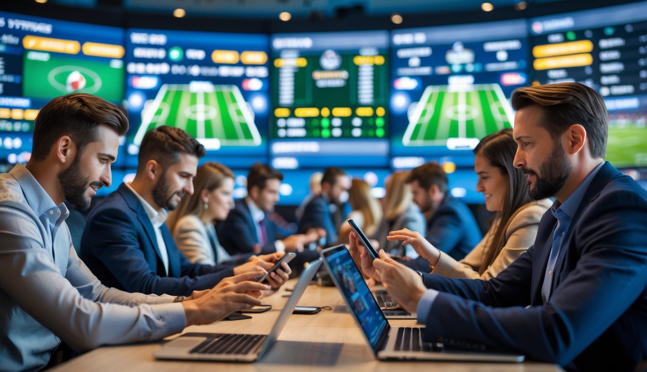 Orang-orang sedang memasang taruhan langsung pada pertandingan sepak bola menggunakan perangkat elektronik di sebuah ruang taruhan olahraga modern.